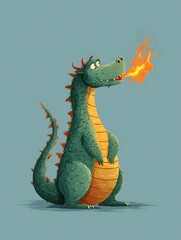 Cartoon dragon spewing fire. Friendly green beast with orange details. Cute, humorous creature.