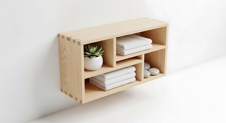 Minimalist wooden shelf with towels and decorative items