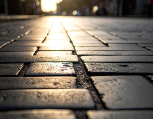 Cobblestone path glows under warm sunlight, low angle