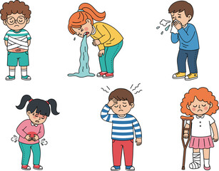 Naklejka premium Children Showing Different Illness Symptoms And Pain Cartoon Vector Illustration For Health Medical Education Concept