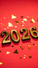 Golden 2026 year numbers on red with gold confetti