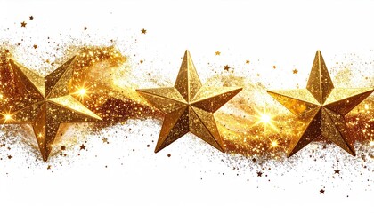 Three golden stars shine against a glittery, white background