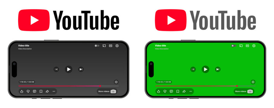 YouTube app UI template 2026 update shown on iPhone 17 with logo and notifications, light and dark mode, for modern mobile interface and vector design preview.