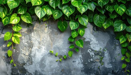 Green heart-shaped leaves cascading down a textured wall