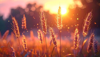 Wheat field glows in soft golden sunset light