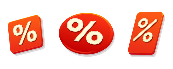 Set of 3D orange discount percentage icons and buttons
