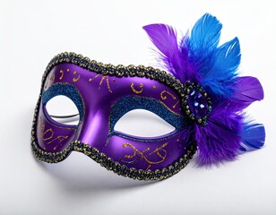 Purple mask w/ blue feathers & gold trim. Glamorous attire