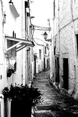 Italia in bianco e nero. Il borgo di Ostuni con i vicoli stretti e le case bianche dove la citt&agrave; panoramica per eccellenza, ogni casa &egrave; un belvedere. Puglia, Salento. Italia