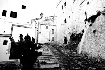 Italia in bianco e nero. Il borgo di Ostuni con i vicoli stretti e le case bianche dove la citt&agrave; panoramica per eccellenza, ogni casa &egrave; un belvedere. Puglia, Salento. Italia