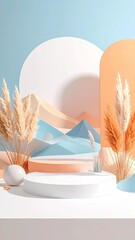 Stage with plants, minimalist, peach arch, blue