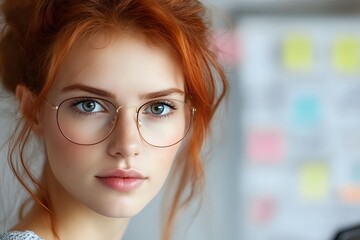 Young redhead woman with glasses looking at camera in modern office environment with colorful sticky notes on wall behind her.