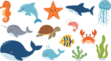 Cute sea animal character collection featuring cartoon whale dolphin shark turtle seahorse jellyfish starfish crab and narwhal for ocean wildlife and vector. © Aminul