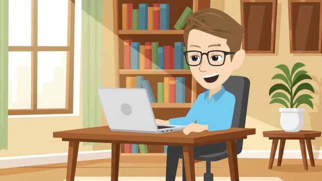 A young businesswoman sitting at a desk in a modern office works on her laptop computer in this professional vector illustration