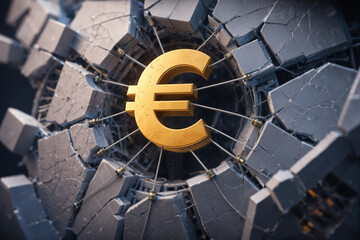 Golden Euro Symbol Held in Tension Inside Cracked Concrete Structure, generative ai