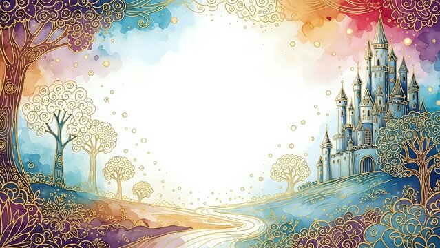 Enchanted fairy tale landscape with ornate golden castle, magical trees and decorative border frame for fantasy storytelling and children's book illustration.