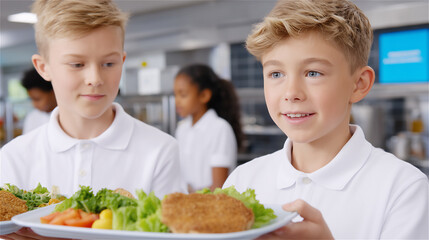 Children in a school cafeteria holding a lunch tray with vegetables and a main dish, social lunchtime scene, healthy eating and education concept with multicultural classmates in background.