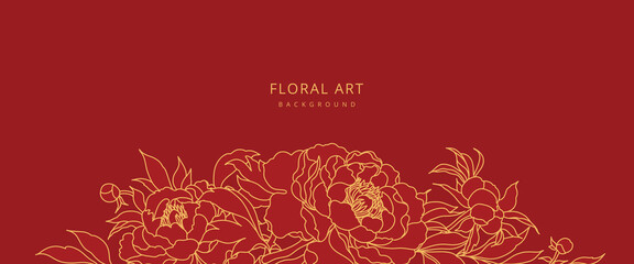 Luxury red Chinese floral background with hand drawn golden peonies. Vector design template for card, wall poster, business card, flyer, banner, wedding invitation, cover