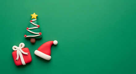 クリスマスのツリーとプレゼントとサンタ帽子のかわいいクレイアート背景