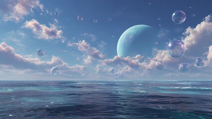 A Serene Blue Gas Giant Planet Hovering Over A Calm Alien Ocean Underneath Soft White Clouds