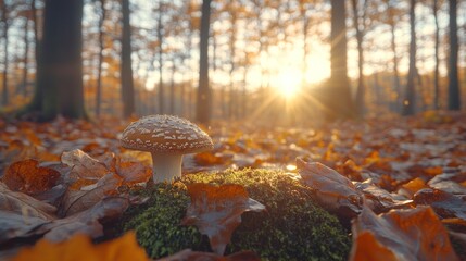 Forest floor mushroom at sunset