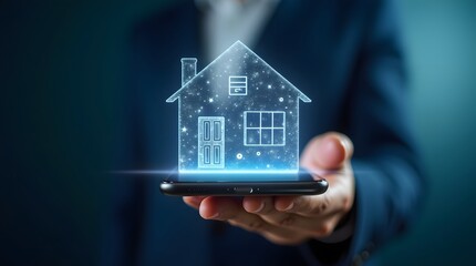 Digital hologram of real estate mobile app glowing above smartphone