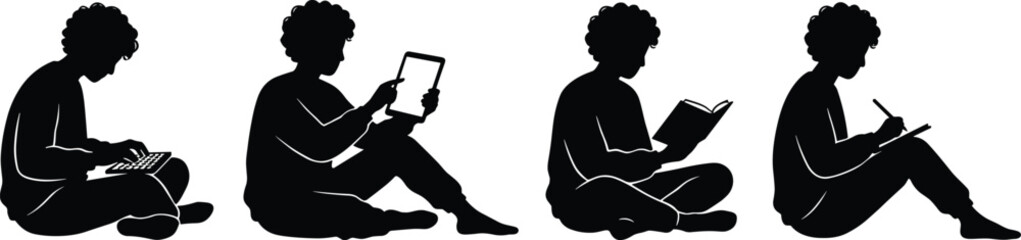Child silhouette learning set using tablet, reading book and writing, symbolizing education, study habits, creativity and modern learning activities illustration © Mehedi