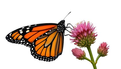  
Monarch butterfly (Danaus plexippus) feeding on pink milkweed flowers, wings partially open showing vibrant orange, black, and white patterns, fine wing scales visible, realistic insect anatomy, del