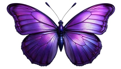   
Glossy purple butterfly, wings fully spread showing vibrant iridescent purple shades with subtle gradients, realistic wing texture and veins visible, delicate body and antennae details, soft reflec