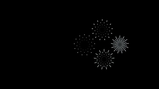 Dynamic line burst fireworks animation featuring circle blast explosions, zigzag doodle strokes, glowing white line sparks, energetic cartoon style motion on a black screen background in 4K