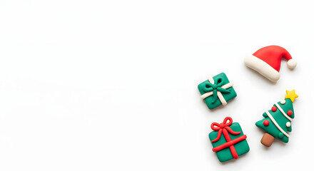 クリスマスのツリーとプレゼントとサンタ帽子のかわいいクレイアート背景