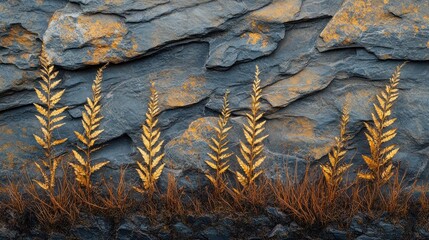 Golden ferns against a textured stone wall