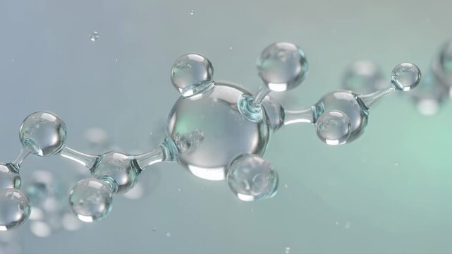 Luxury skincare science visual with hyaluronic acid chains, glass-like spheres, aqua gradient, cinematic soft lighting, elegant biotech aesthetic, hydration concept.