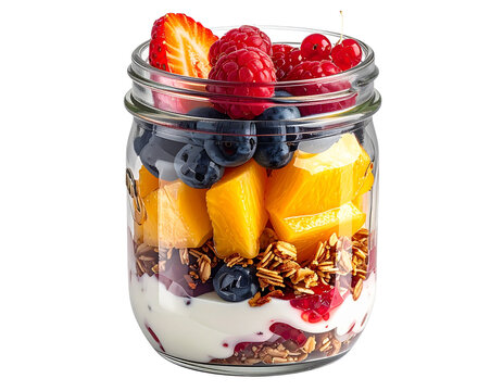 Mason Jar Breakfast with Granola Yogurt and Fruit graphic isolated on a transparent background. 
