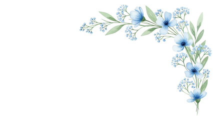 Botanical watercolor border corner with wildflowers and baby's breath in a light pastel blue color scheme isolated on white background