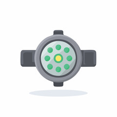 Fototapeta premium Overhead view of a grey round outdoor spotlight with multiple green LED lamps casts a soft shadow below on white