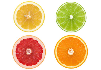 Fototapeta premium Citrus fruit slices collection including lemon lime grapefruit and orange cross sections isolated on transparent background for food design
