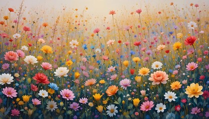  
A vast field of flowers, bursting with a rainbow of colors, painted in a soft watercolor style, delicate brush strokes, gentle blending of petals and foliage, vibrant yet harmonious color palette, i