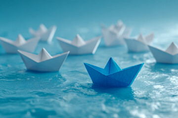 Obraz premium A collection of white and vibrant blue paper boats floating on a textured water surface symbolizing leadership and standing out from the crowd concept