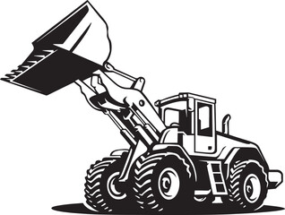 A black and white illustration of a front loader tractor