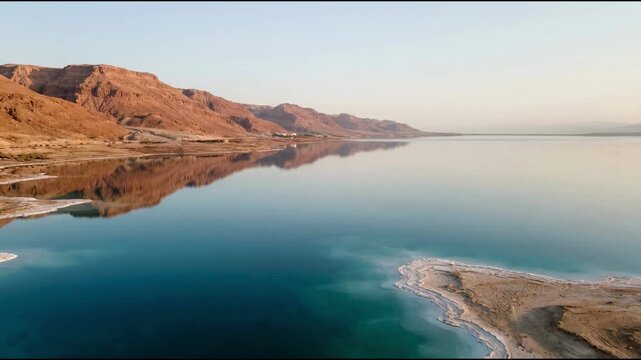 Aerial View of Dead Sea Israel forward flight above reflective surface calm water Scenic Travel Destination Landmark 4K UHD Video Footage
