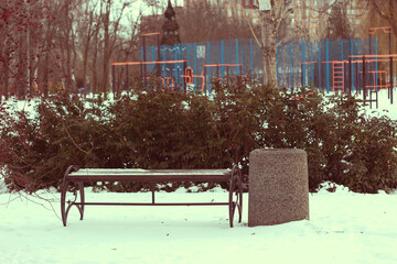 Snowy Park Bench in Winter, Cold Season Landscape