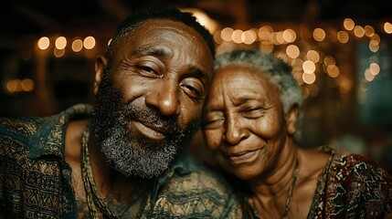 Smiling elderly African American couple embracing outdoors at night with warm bokeh lights creating romantic atmosphere for anniversary celebration.