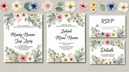 Elegant watercolor floral wedding invitation suite design featuring delicate pastel blooms and botanical elements, perfect for sophisticated celebrations and events