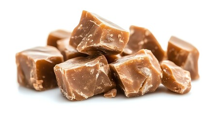 Sweet caramel candy pieces with nuts isolated on white background for confectionery designs and dessert projects.