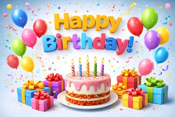 Colorful birthday card: &ldquo;Happy Birthday!&rdquo; lettering with cake, gifts, and balloons