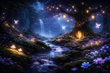 Magical fairy tale forest at night with glowing fairies and a flowing stream