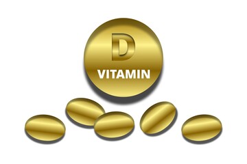 Vitamin D supplement capsules isolated on white background with Vitamin D sign. Illustration. 