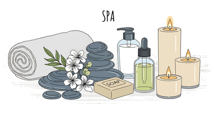 Relaxing spa scene with aromatherapy oils, candles, soap, and smooth stones for a serene and rejuvenating experience
