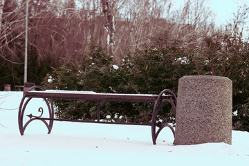 Empty Park Bench Covered with Snow, Winter City Park