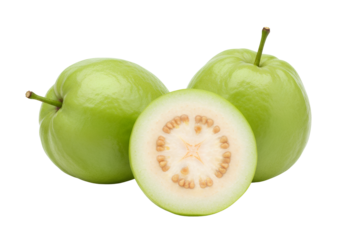 Fresh green guava fruits with sliced cross section showing seeds isolated on transparent background for healthy food design